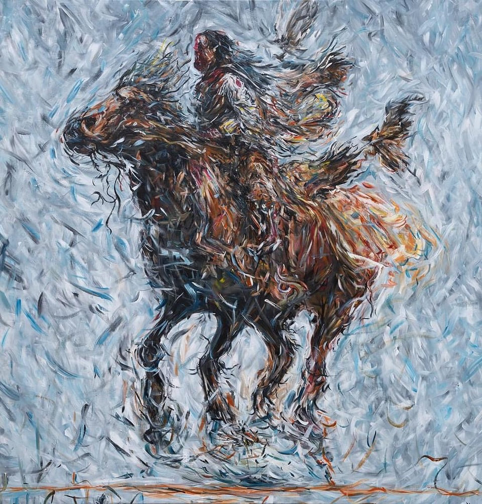 Original acrylic painting inspired by native american warriors on horseback by Northern Ireland artist Peter Gray.