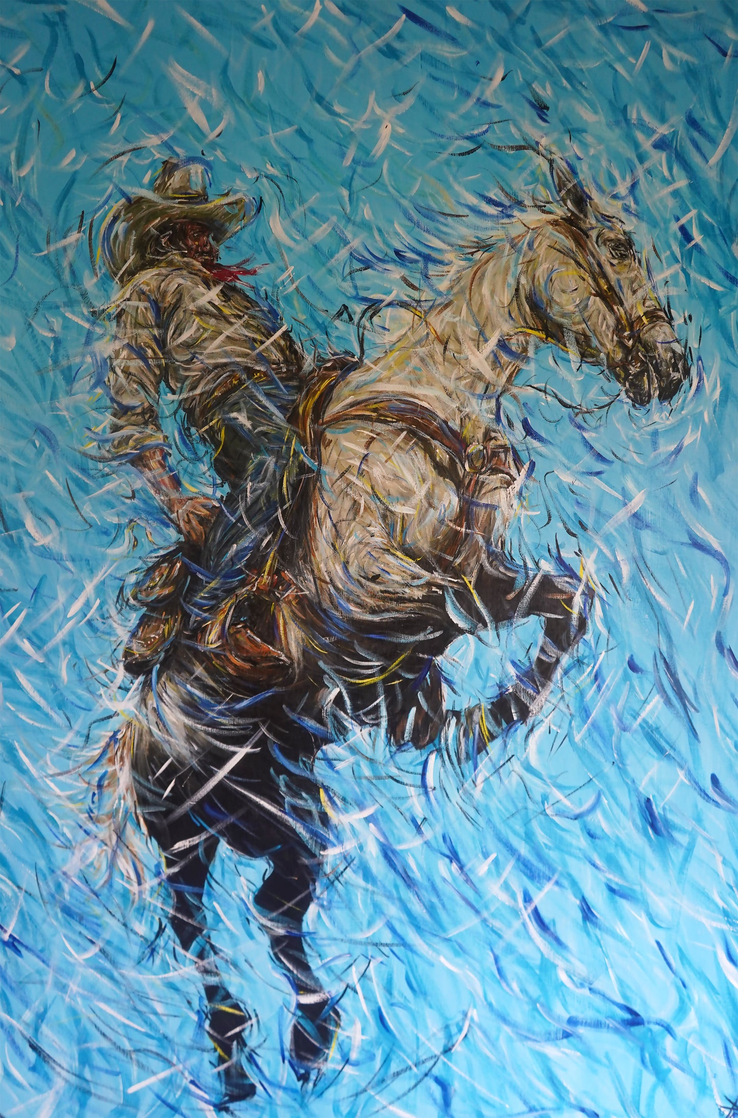 original painting featuring a cowboy riding a jumping horse by Northern Irish artist Peter Gray.