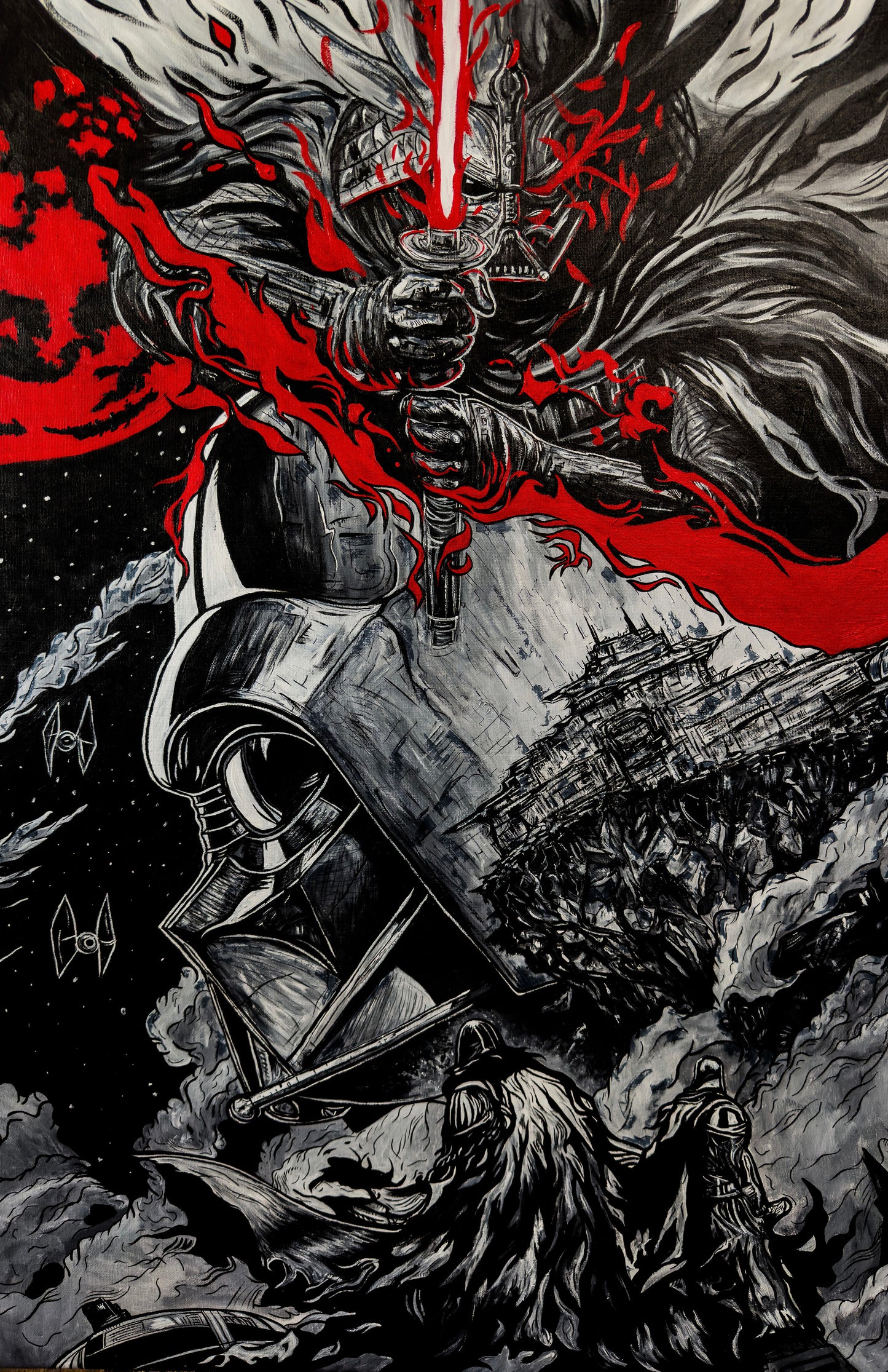 original painting based on the sci fi classic film Star Wars and the main villain Darth Vader. By Northern Irish artist Peter Gray.