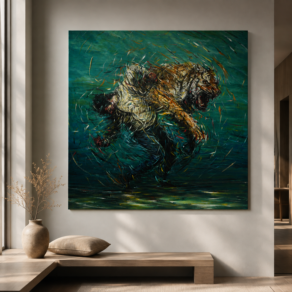 Original Painting by Northern Irish artist Peter Gray featuring a tiger and man dancing.