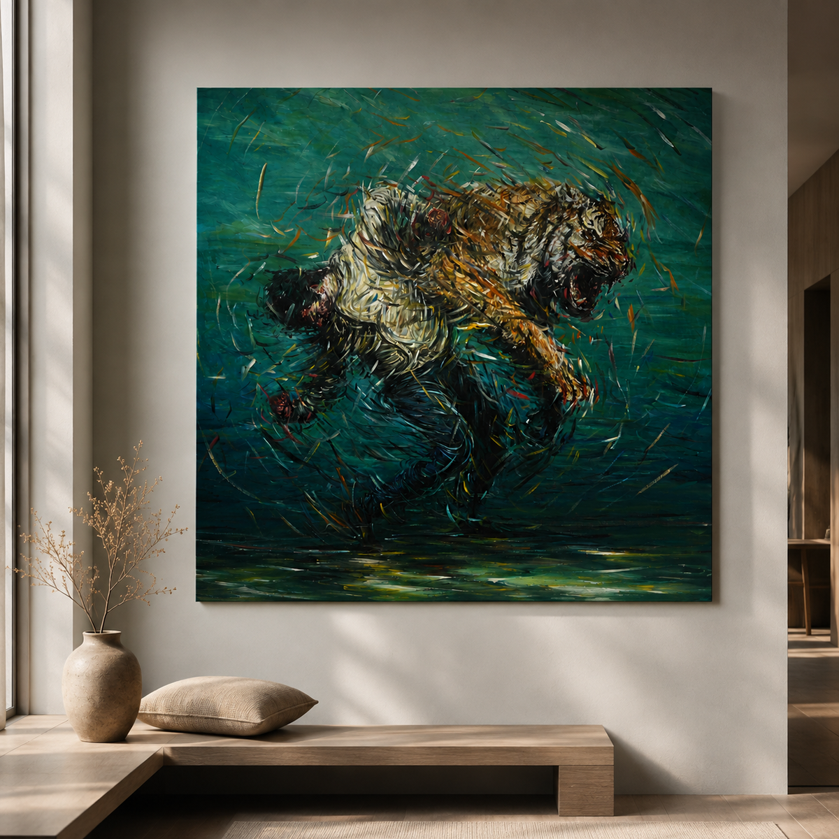 Original Painting by Northern Irish artist Peter Gray featuring a tiger and man dancing.