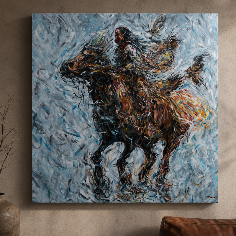 Original acrylic painting inspired by native american warriors on horseback by Northern Ireland artist Peter Gray.