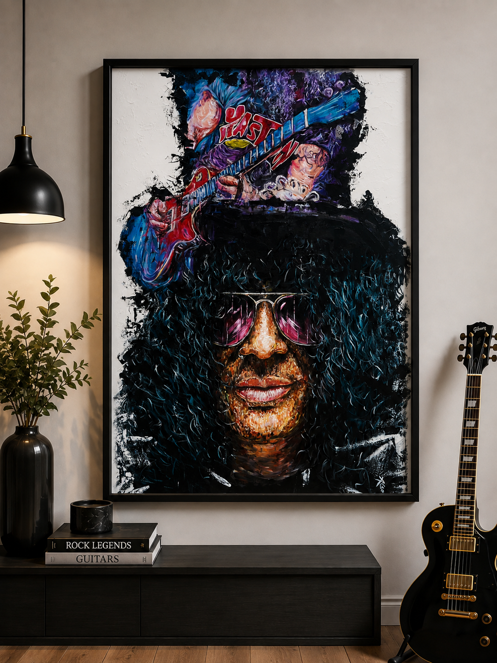 Original acrylic painting of Guns n Roses musician Slash by Northern Ireland based artist Peter Gray