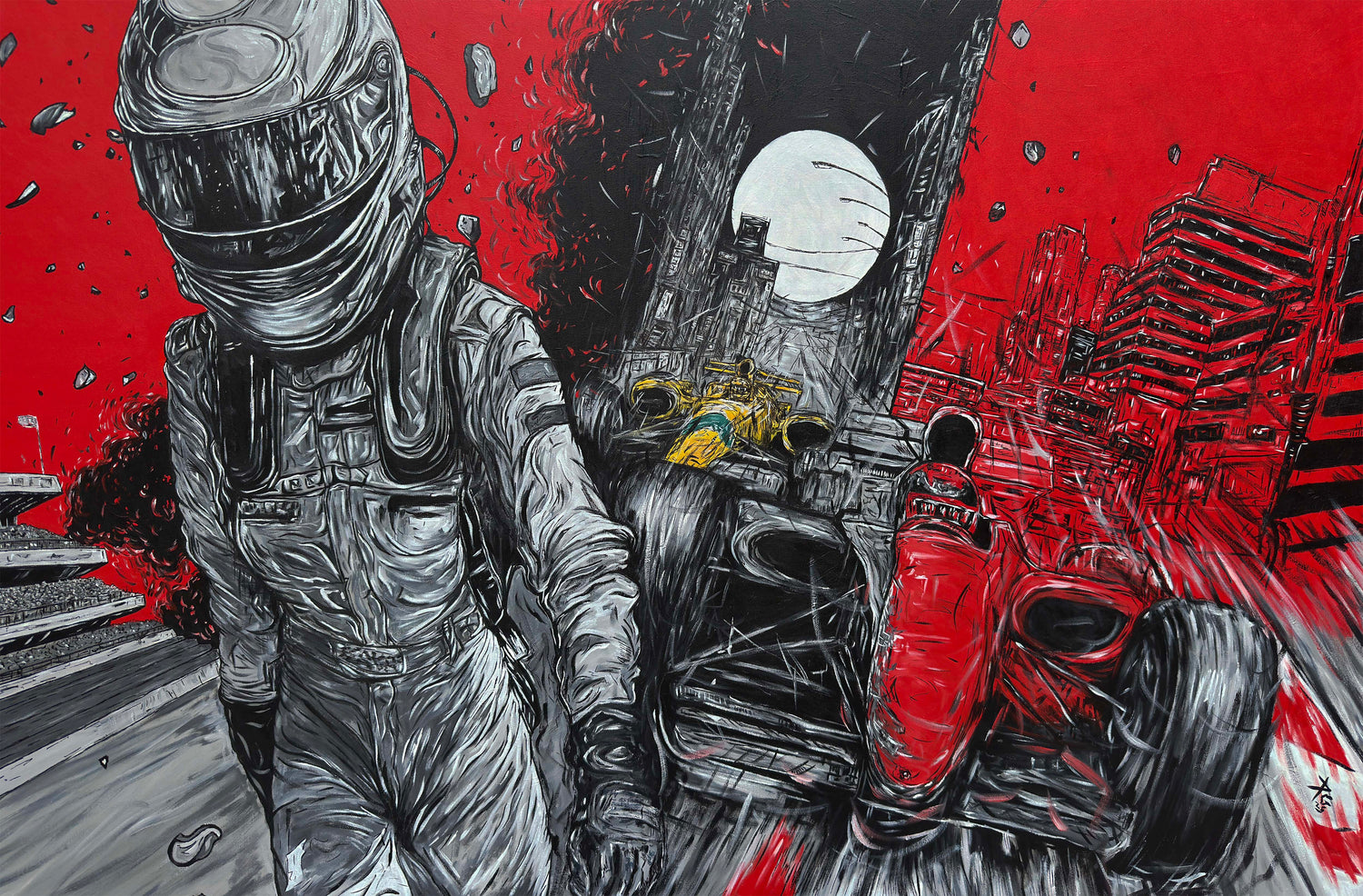 Artistic depiction of a formula 1 racing driver and the world of formula 1