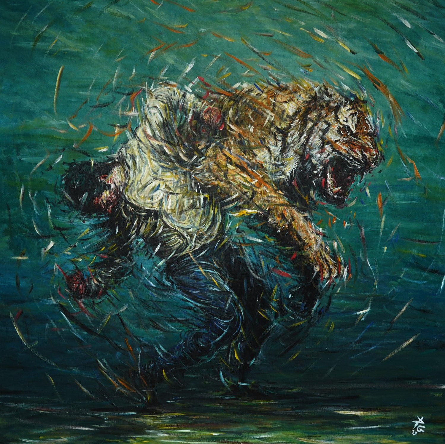 Original Painting by Northern Irish artist Peter Gray featuring a tiger and man dancing.