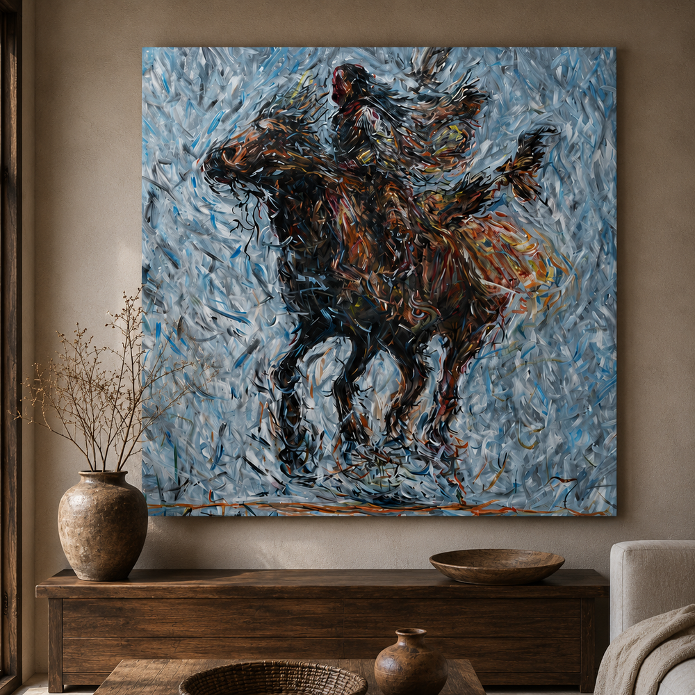 Original acrylic painting inspired by native american warriors on horseback by Northern Ireland artist Peter Gray.