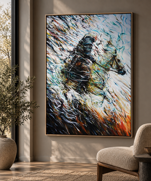 A large framed vertical painting of a horse and rider, rendered in expressive impasto brushstrokes of black, white, blue, orange, and red, displayed on a beige wall in a modern living room setting.