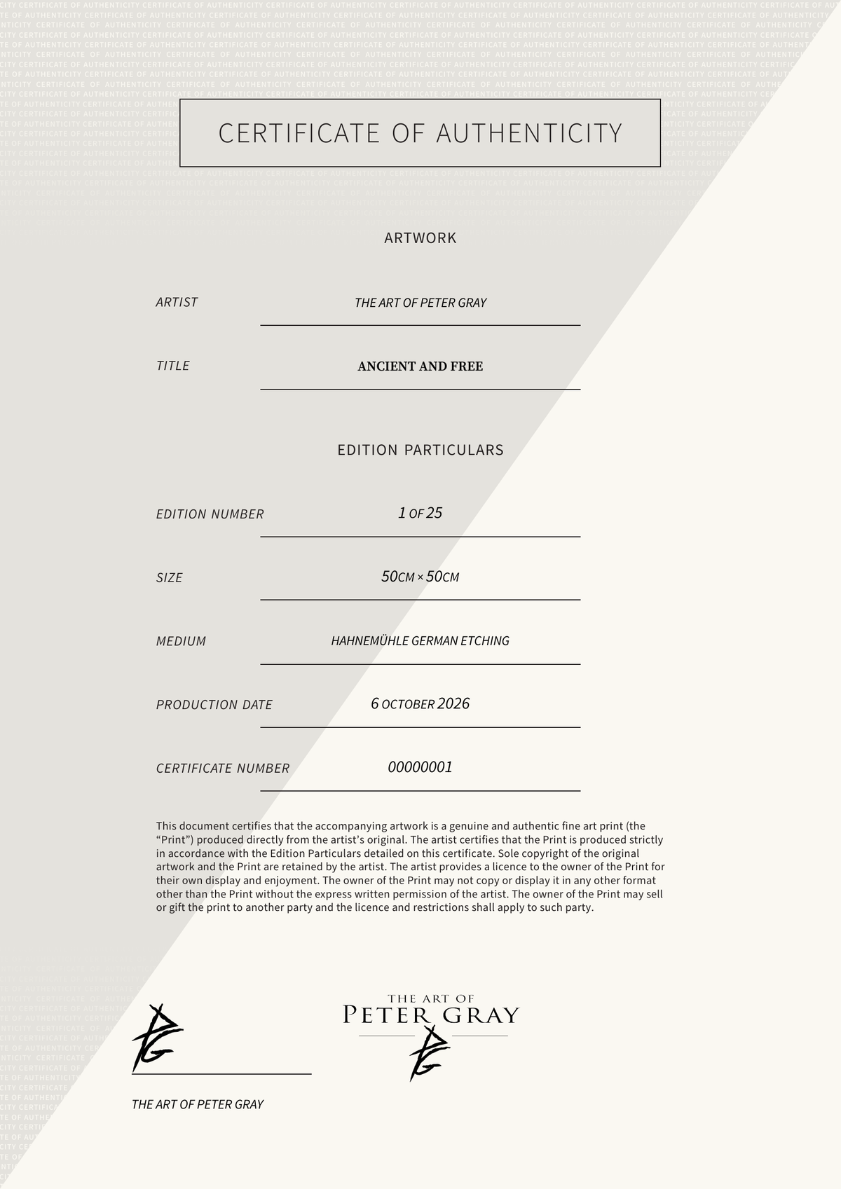 Ancient and Free — Certificate of Authenticity