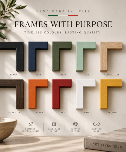 A promotional graphic showing multiple L-shaped picture frame color options arranged in two rows on a warm beige background. The frames include black, blue, green, mint, natural oak, dark oak, orange, red, white, and yellow, each labeled underneath.