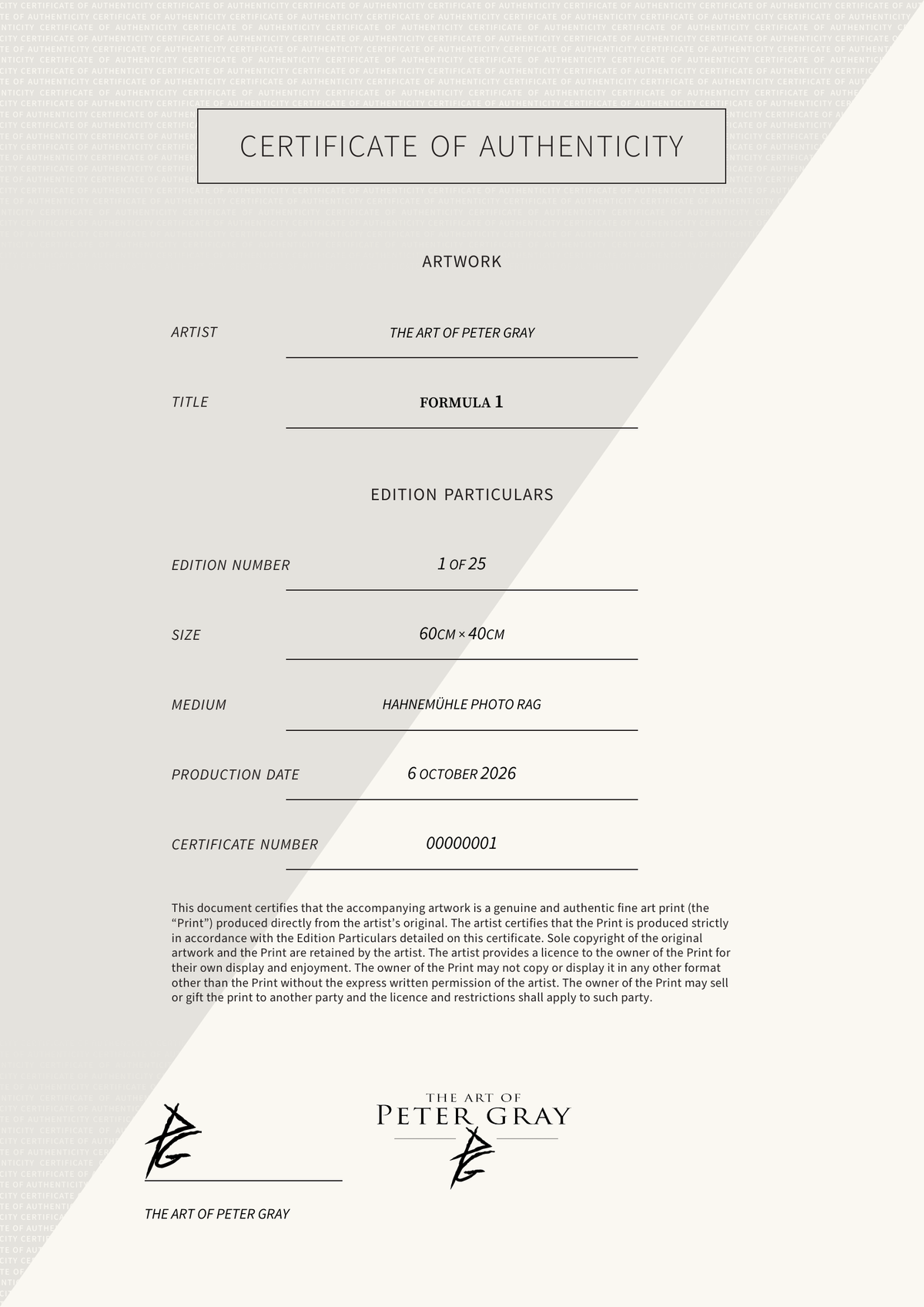 Formula 1 — Certificate of Authenticity