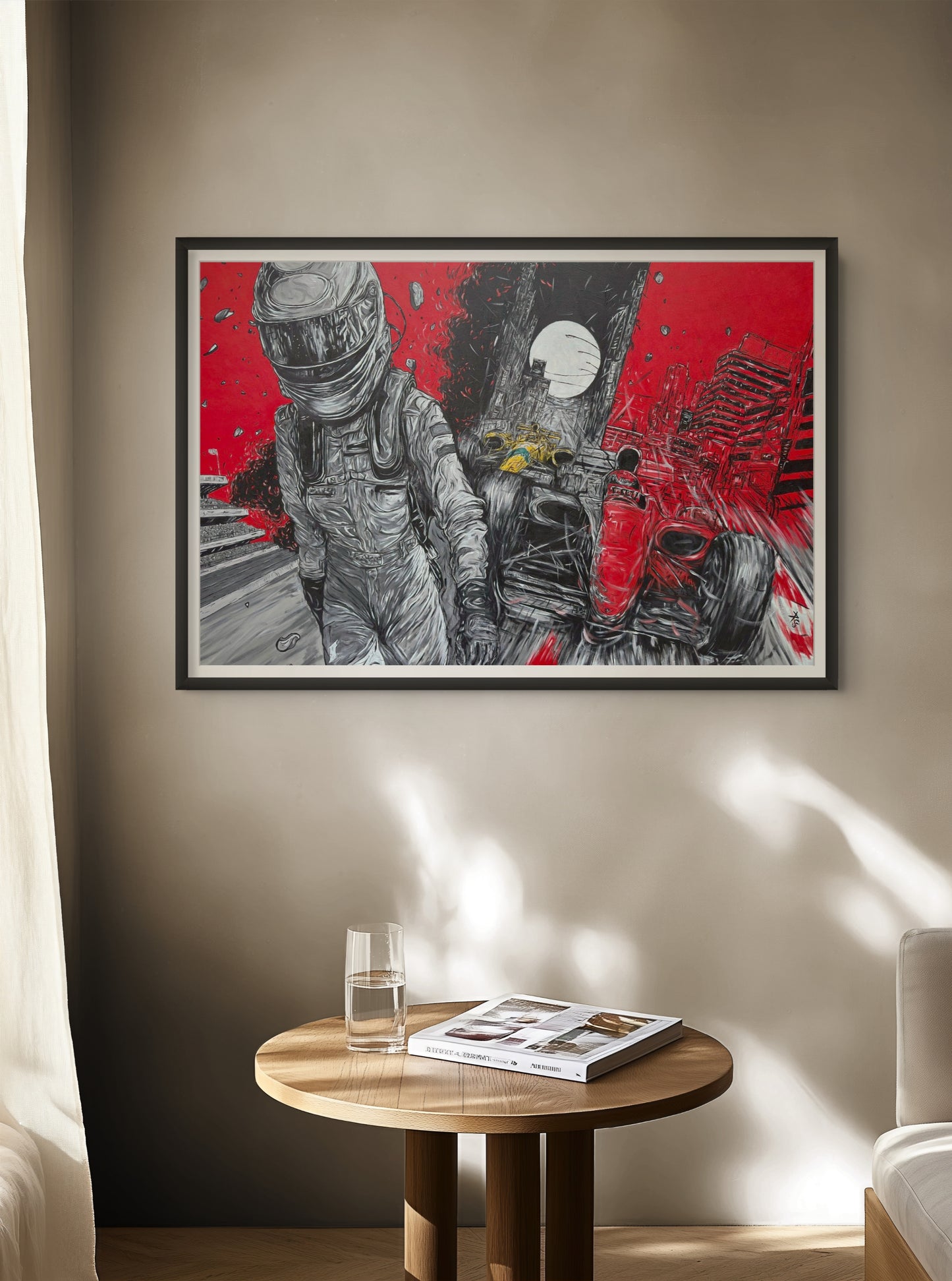 Artistic depiction of a formula 1 racing driver and the world of formula 1