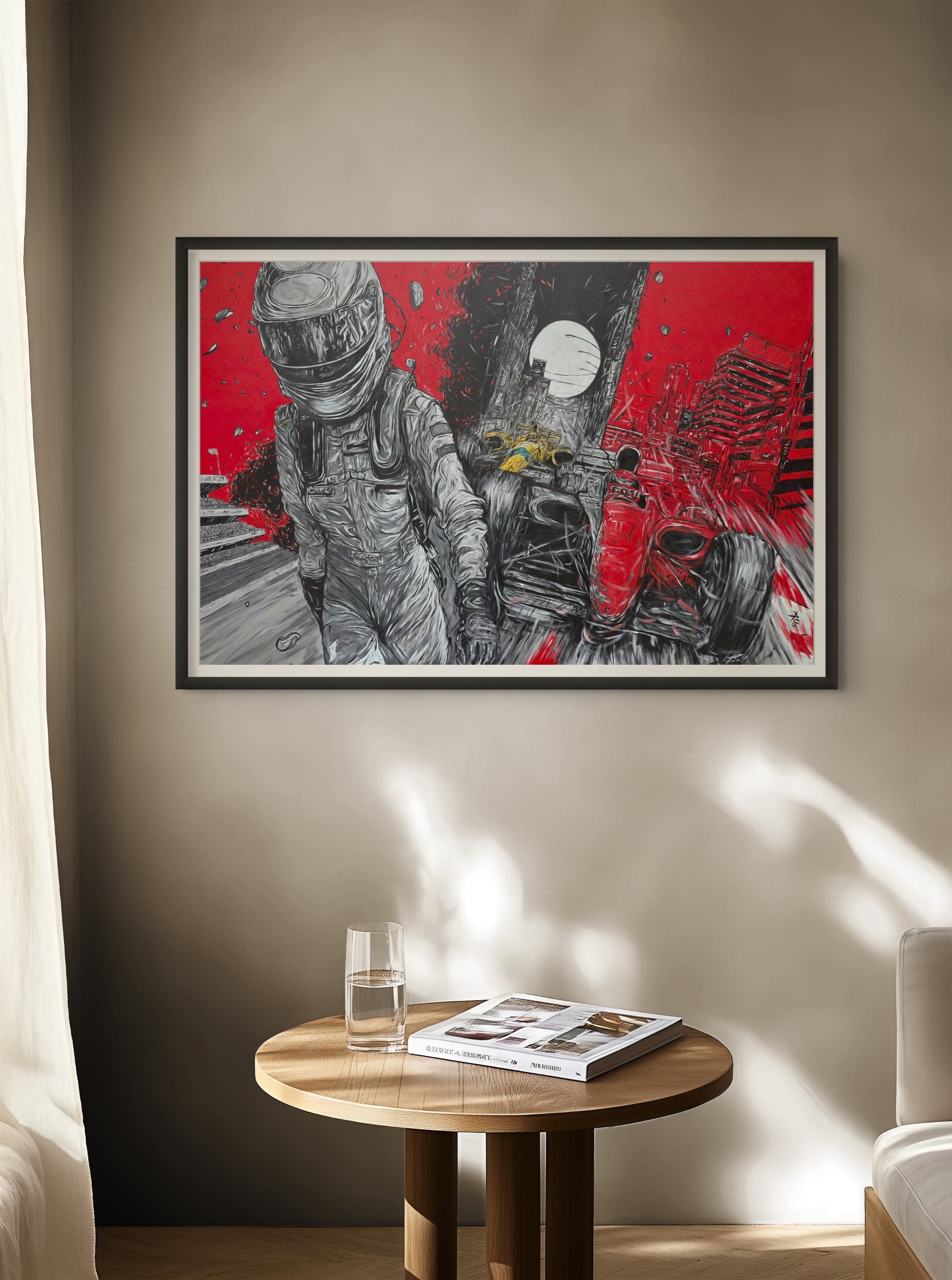 Artistic depiction of a formula 1 racing driver and the world of formula 1