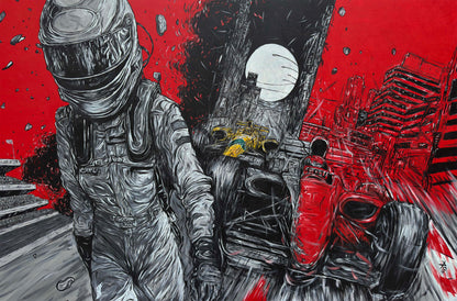 Artistic depiction of a formula 1 racing driver and the world of formula 1