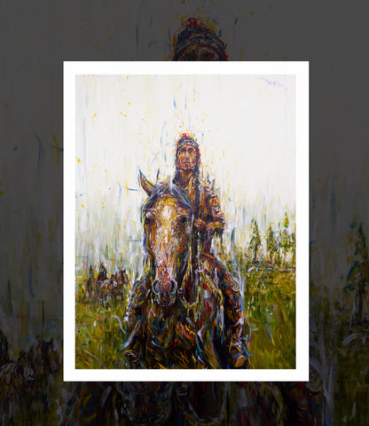 Artistic depiction of a warrior on horseback with a scenic background