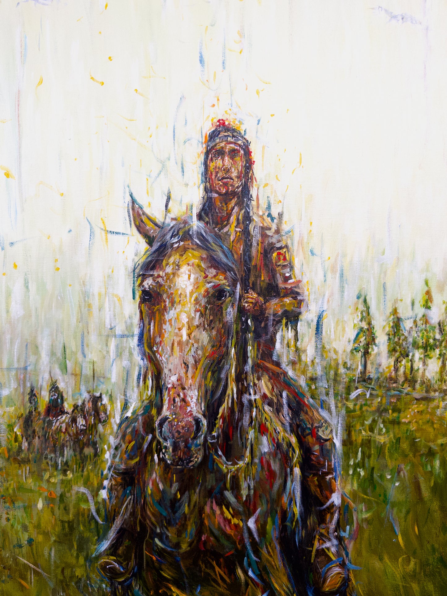 original painting featuring a Native American warrior on horseback Northern Irish artist Peter Gray.