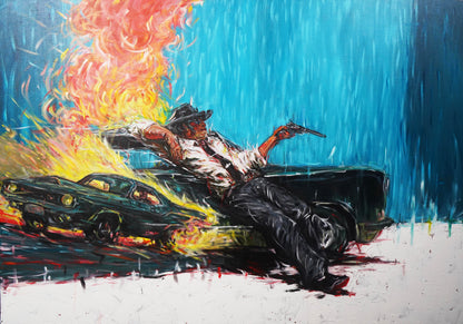 original painting featuring a 1970s gangster and muscle car by Northern Irish artist Peter Gray.