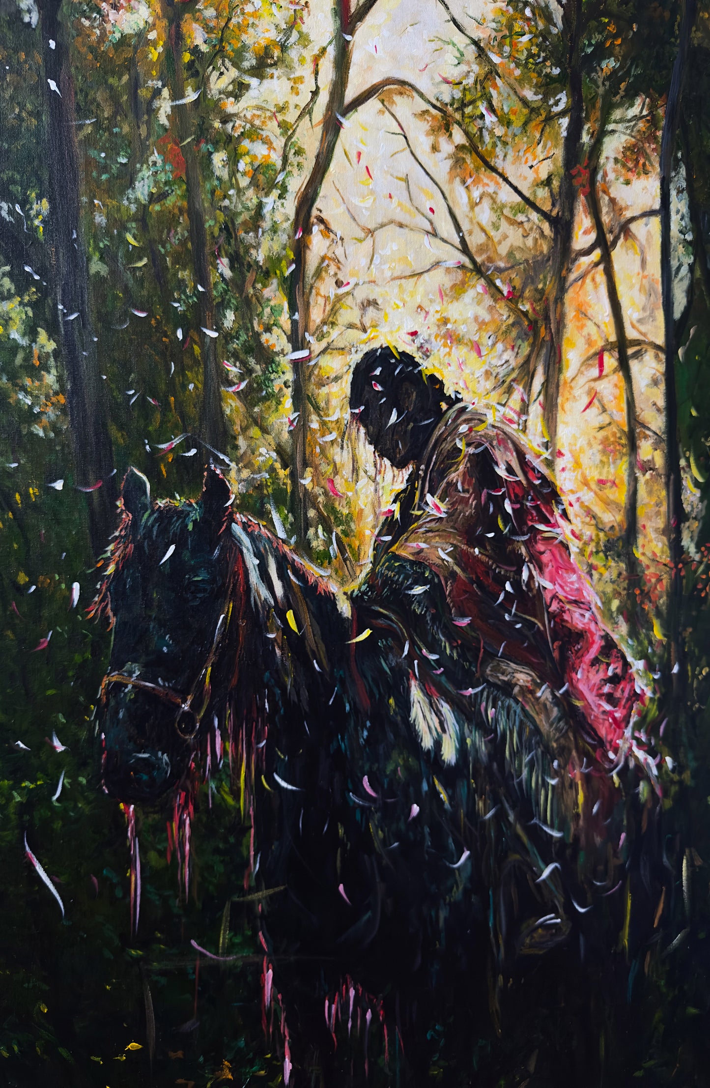 original painting featuring a Native American on horseback in a silent forest by Northern Irish artist Peter Gray.