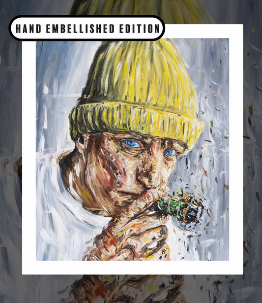 Original acrylic painting by Northern Irish artist Peter Gray of actor Woody Harrelson smoking a large joint of weed.