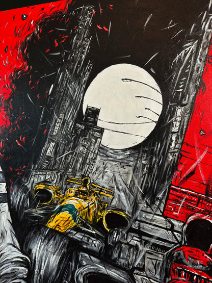 Artistic depiction of a formula 1 racing driver and the world of formula 1