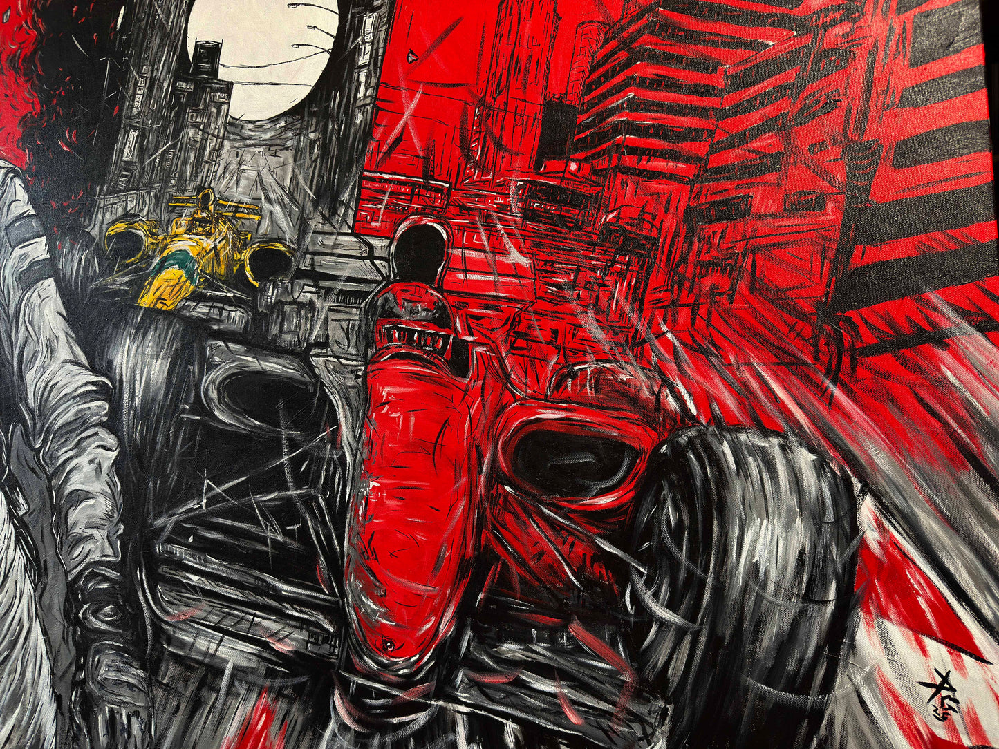 Artistic depiction of a formula 1 racing driver and the world of formula 1